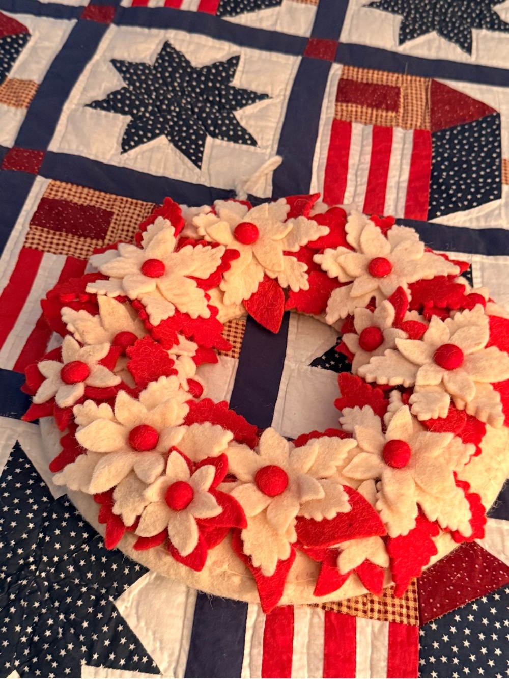 Red & Ivory Wool Felted Poinsettia Wreath 12”